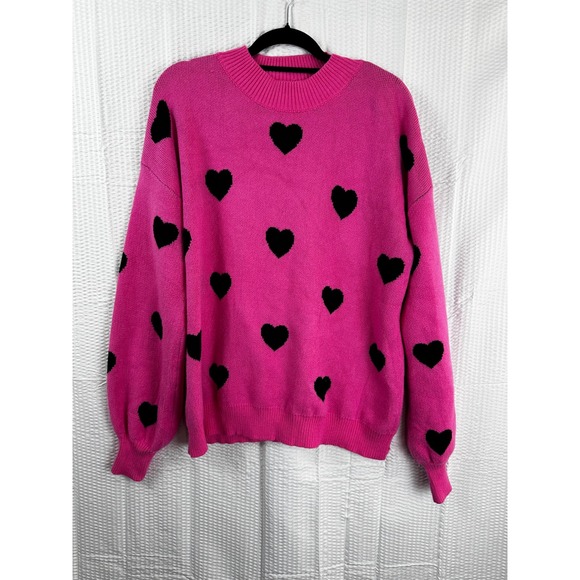 Pink Heart Print Knit Sweater  Round Neck Long Sleeve size XXL - Picture 1 of 6